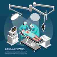 Free vector isometric surgeon doctor background with composition of text and people performing surgical operation with modern equipment