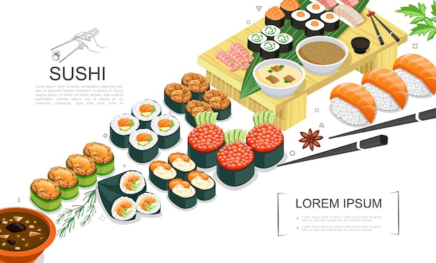 Isometric sushi food collection with sashimi rolls of different types spices seaweed sauces wasabi chopsticks  illustration