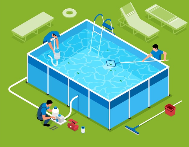 Vettore gratuito la composizione isometrica per la pulizia della piscina con vista dei lavori di manutenzione della piscina estiva con illustrazione vettoriale dei lavoratori della pulizia