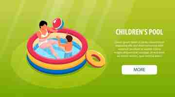 Бесплатное векторное изображение Изометрический бассейн горизонтальный баннер с видом на надувной бассейн мать играет в мяч со своим сыном векторная иллюстрация