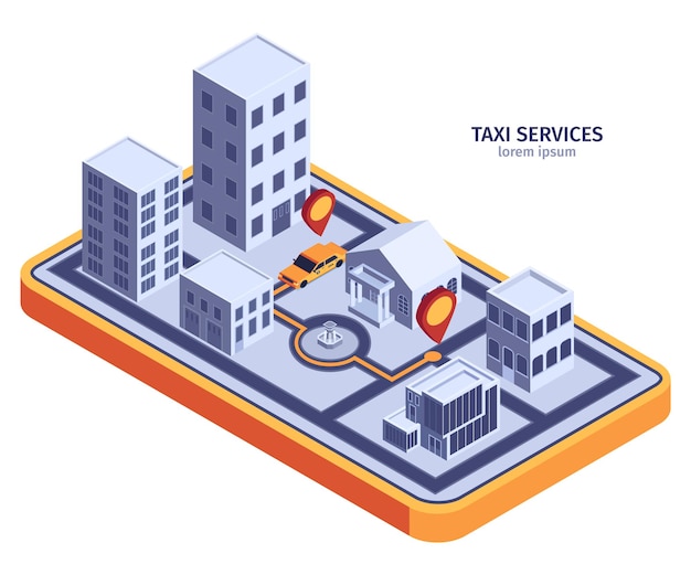 無料ベクター 平面的なスマートフォンの形をした表面と黄色いタクシーとルートを備えたモダンな建物を備えた等尺性のタクシー構成
