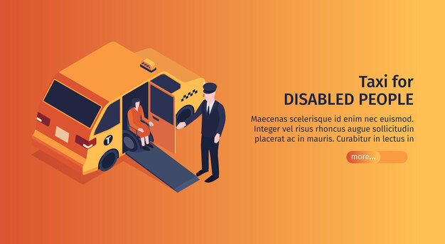 Isometric taxi horizontal banner with editable text more button and image of taxi passenger on wheelchair