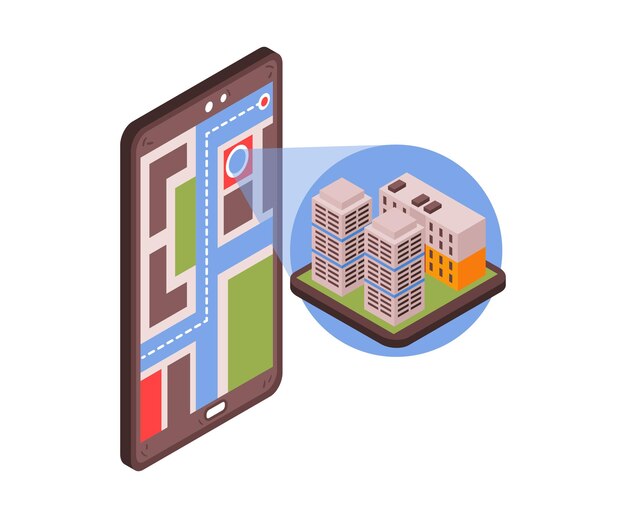 Изометрическая навигационная композиция такси с приложением для смартфона и изображениями зданий блокирует векторную иллюстрацию