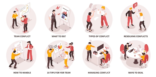 Free vector isometric team conflict composition set with managers solving problems vector illustration