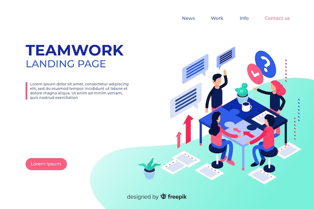 Free vector isometric teamwork landing page template