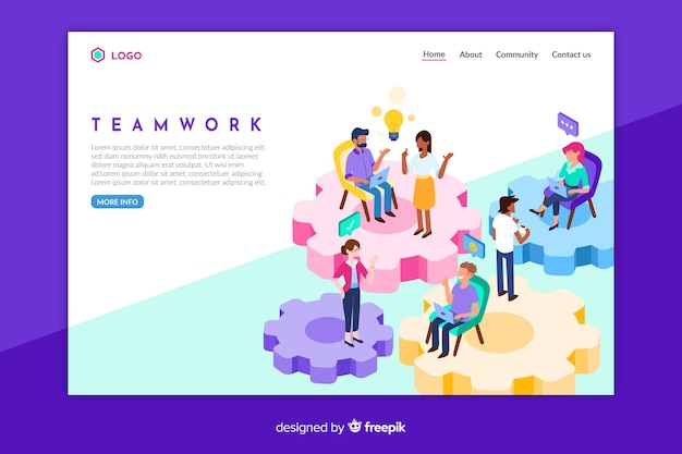 Free vector isometric teamwork landing page template