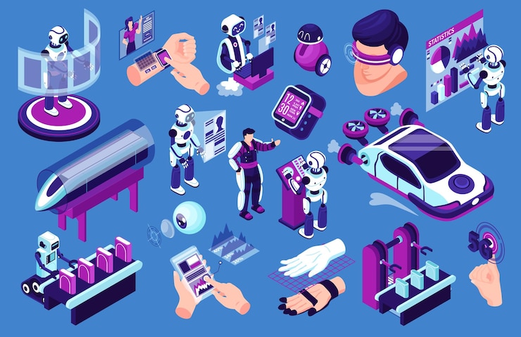 Free Vector isometric technologies future robot set of isolated robots and human characters high speed transport and gadgets vector illustration