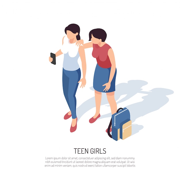 Isometric teenager  composition with human characters of two teenage girls with smartphone backpack and text 