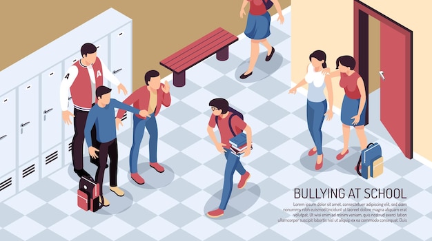 Free vector isometric teenager horizontal composition with view of school passage