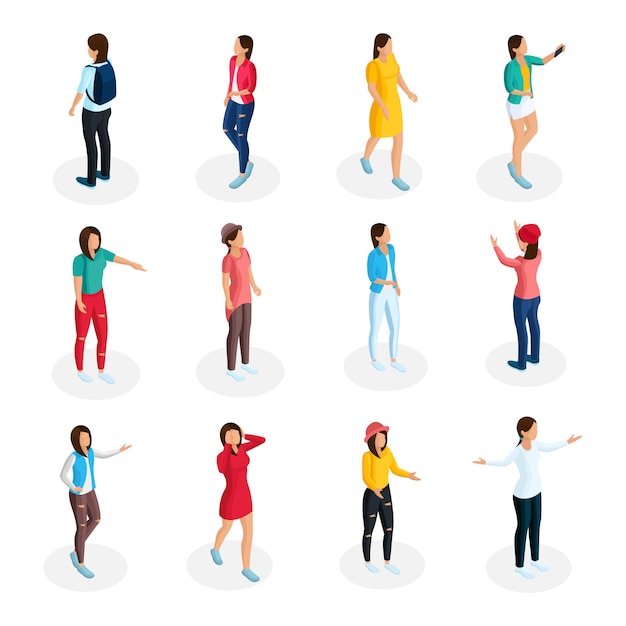 Free vector isometric teenagers collection with young girls wearing casual outfit and standing in various poses isolated