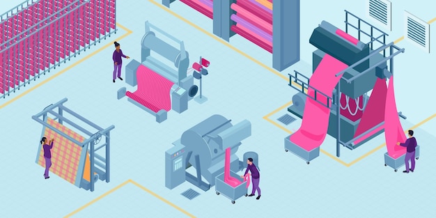 Composizione isometrica nell'industria tessile con vista interna della fabbrica di tessuti con unità macchina e illustrazione vettoriale degli operatori umani