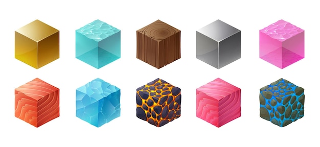 Isometric texture cubes for game with pattern of wood gold and silver metal salmon fillet vector cartoon set of 3d blocks of different materials ice blue and pink water lava and stones