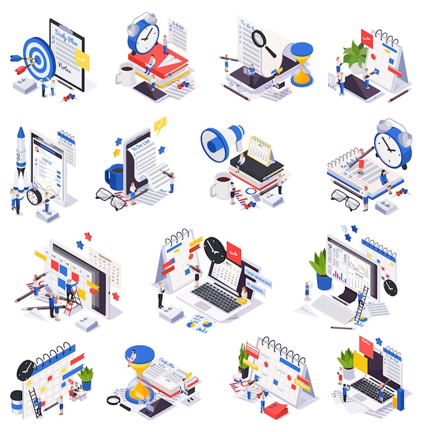 Isometric time management planning schedule icon set with notebook notes to do list task manager descriptions vector illustration