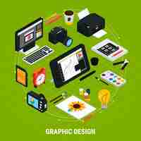 Free vector isometric tools for graphic design with computer tablet paints camera printer 3d vector illustration