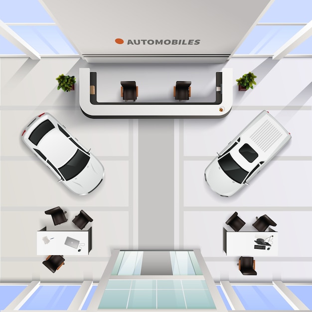 Isometric top view office interior of automobile salon with cars and tables for employees and client