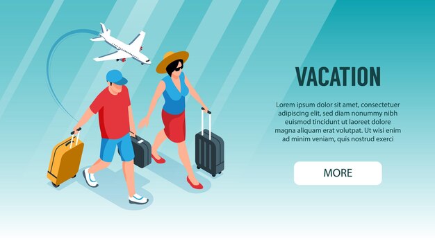 Isometric tourist agency horizontal banner with more button and characters of tourists with suitcases