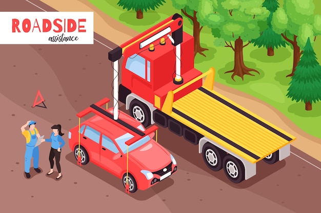 Изометрическая иллюстрация эвакуатора с наружным пейзажем автомобиля, загружаемого на грузовик с текстом