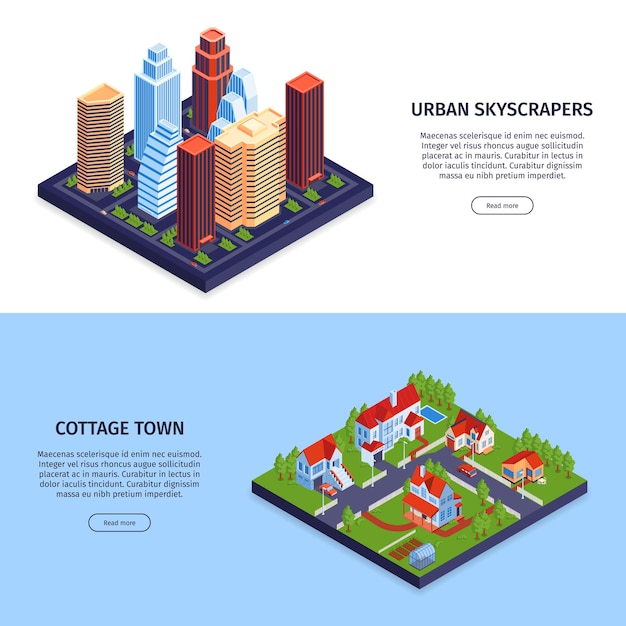 Free vector isometric town  city banners  set with editable text read more button and images of cottages skyscrapers illustration,