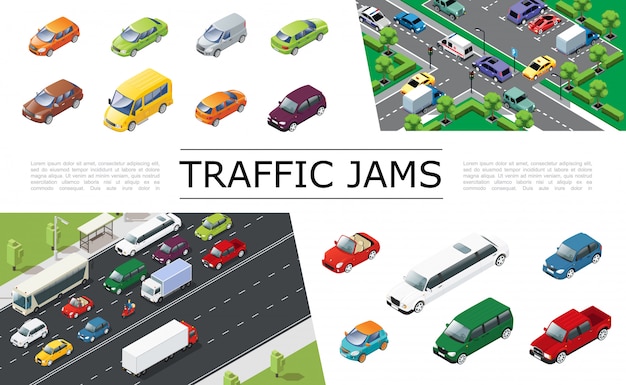 Isometric traffic jam composition with urban transport moving on road automobiles of different types and models