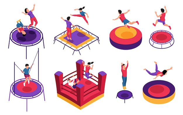 Free vector isometric trampoline jumping set of isolated icons with bouncy houses of various shape with jumping kids vector illustration