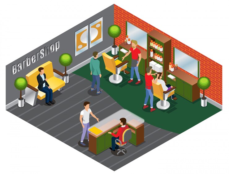 Free Vector isometric trendy barber shop template with hairdressers customers interior elements and professional accessories isolated 