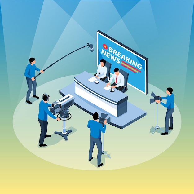 Free vector isometric tv news studio with two presenters cameraman boom operator on colour background 3d vector illustration