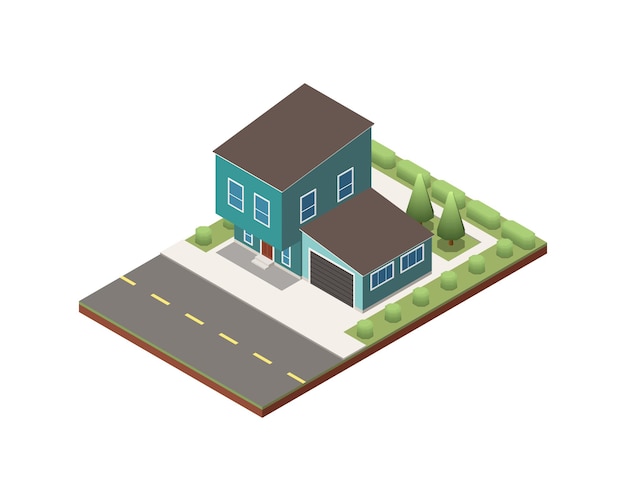 Isometric two storeyed suburban house with garage and green yard 3d