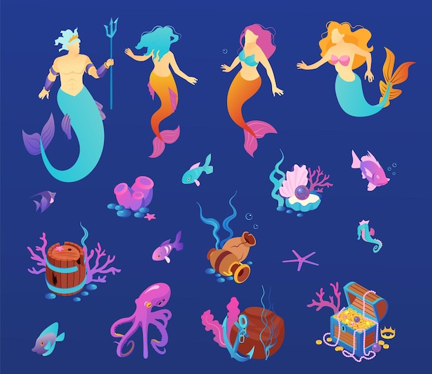 無料ベクター サンゴの宝物と魚のベクトル図と神話上の生き物の分離のアイコンで設定された等尺性の水中世界の色