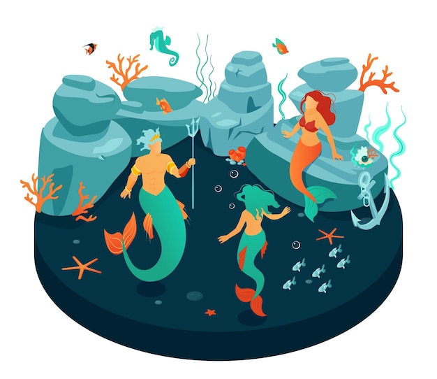 Бесплатное векторное изображение Изометрическая композиция подводного мира с изолированным видом на существ-русалок, устраивающих вечеринку с рыбами, векторные иллюстрации морских звезд