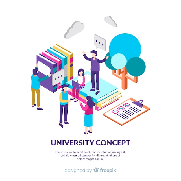 Isometric university background with students