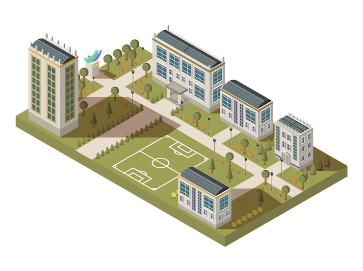 Free Vector isometric university big composition with campus yard lanes houses with shadows and football playgro