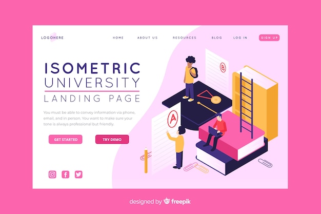 Free vector isometric university landing page template