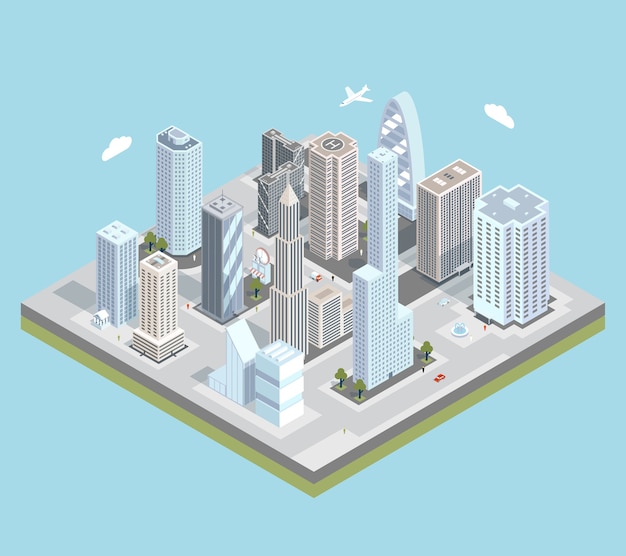 Isometric urban city center map with buildings, shops and roads on the plane.