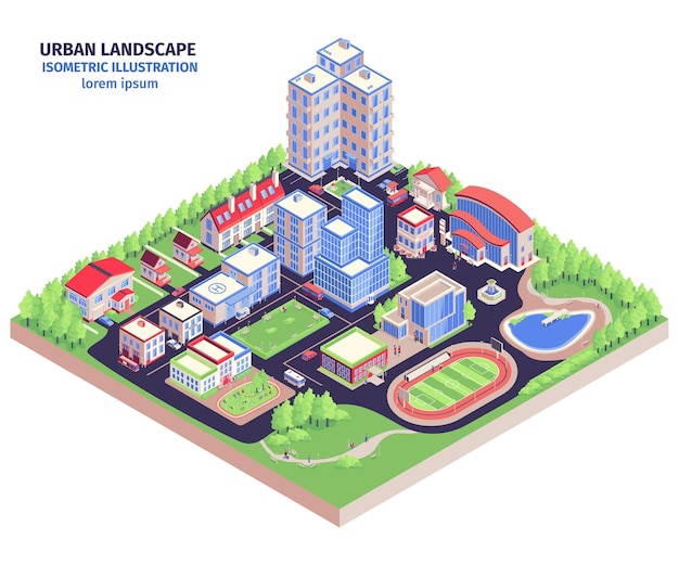 無料ベクター 低層ビルのグリーンゾーンとスタジアムのイラストを備えた近代的な市街地の風景と等尺性の都市構成