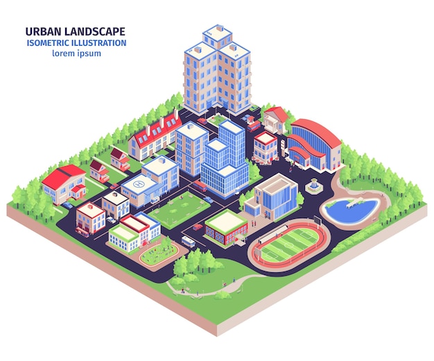 Изометрическая городская композиция с современным ландшафтом городского округа с зелеными зонами малоэтажных зданий и иллюстрацией стадиона