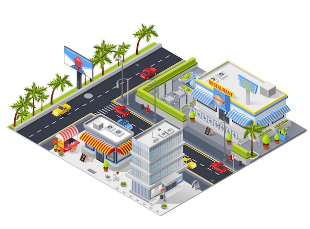 Isometric Urban Landscape With Street Restaurant