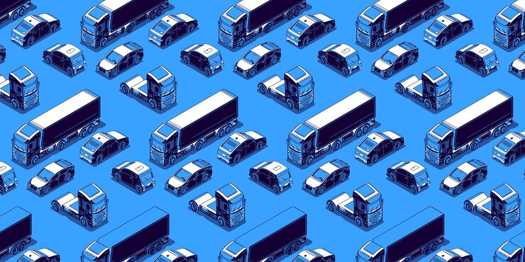 Free Vector isometric vehicles, trucks and cars isolated on blue background. vector flat illustration with automobile traffic. wallpaper with different transport, lorry, sedan and trailer