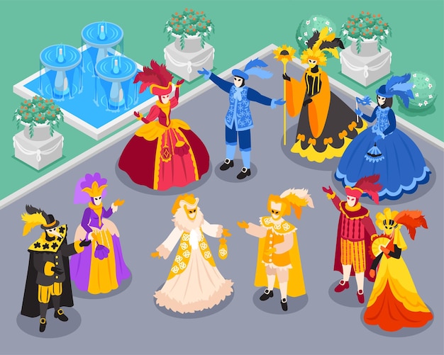 Costumi veneziani isometrici composizione carnevalesca con scenario all'aperto del parco medievale con fontane e persone alla moda illustrazione vettoriale