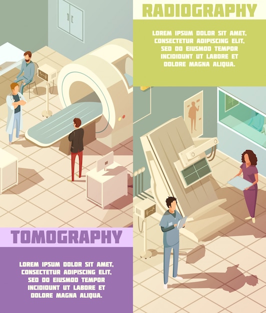 Free vector isometric vertical hospital banners set with tomography