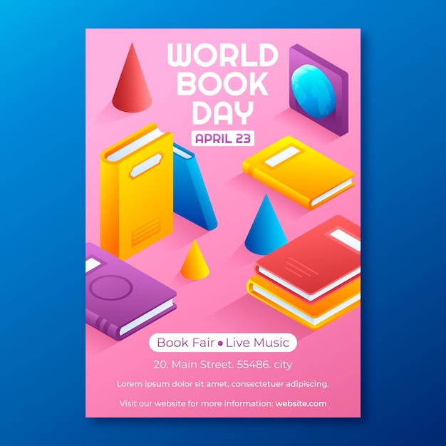 Бесплатное векторное изображение Изометрический вертикальный шаблон плаката для празднования всемирного дня книги