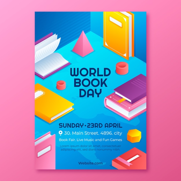 Modello di poster verticale isometrico per la celebrazione della giornata mondiale del libro