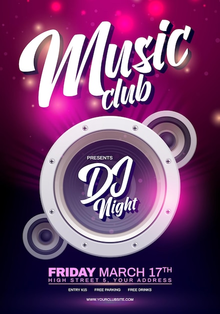 Бесплатное векторное изображение Изометрические вертикальные звуковые динамики музыкальный плакат с векторной иллюстрацией заголовка музыкального клуба dj night