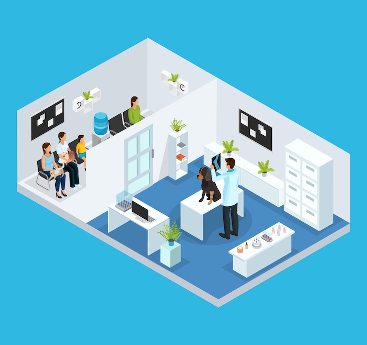 Free Vector isometric veterinary clinic concept with queue of people with their pets and veterinarian examining dog in cabinet isolated