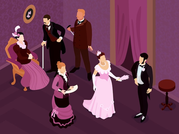 Isometric victorian fashion party composition with indoor view of medieval saloon