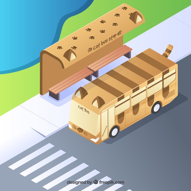 Isometric view of bus and bus stop with flat design