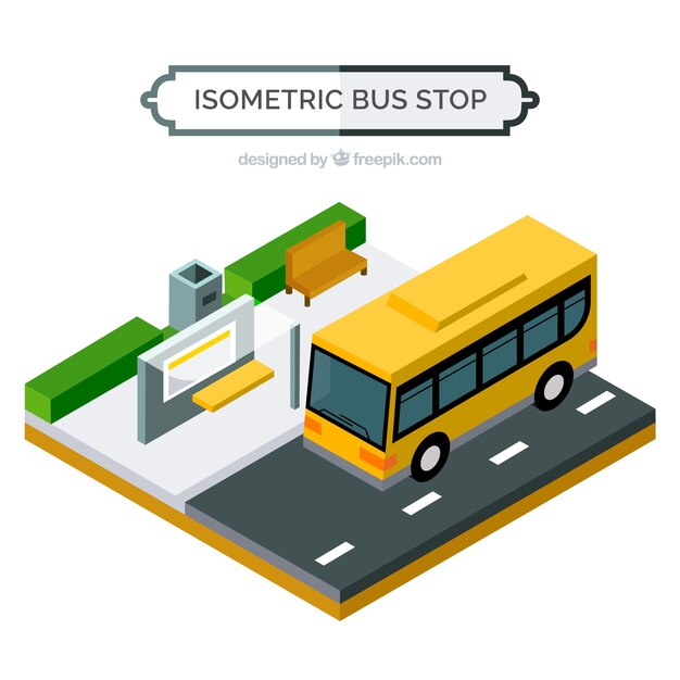 平らなデザインのバスとバス停留所の等角図