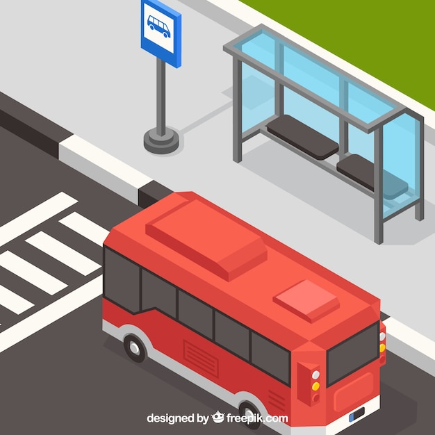 Isometric view of bus and bus stop with flat design