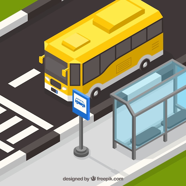 Isometric view of bus and bus stop with flat design