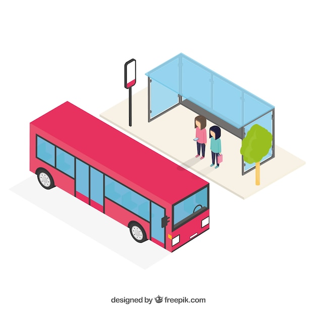 Free vector isometric view of bus and bus stop