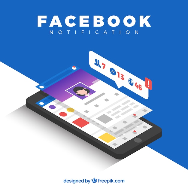 Vista isometrica del cellulare con le notifiche di facebook